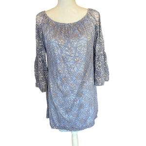 Women's Honeyme Dress Sz S Lace Blue Gold Thread Bell Sleeves Lined